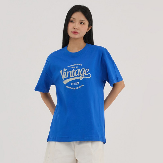 엘쏘 여성용 오버핏 빅사이즈 순면 빈티지 레터링 롱 반팔 티셔츠