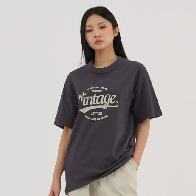 엘쏘 여성용 오버핏 빅사이즈 순면 빈티지 레터링 롱 반팔 티셔츠