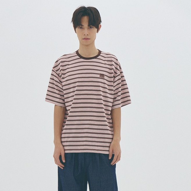 어반에이지 남녀공용 멀티 스트라이프 오버핏 반팔 티셔츠