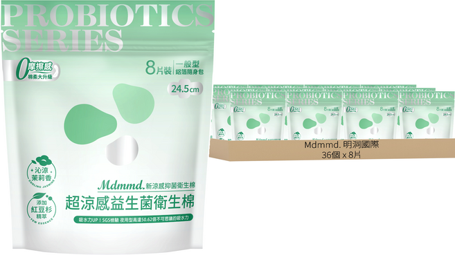 Mdmmd. 明洞國際 超涼感益生菌系列 新涼感抑菌一般型衛生棉 護翼型, 36個, 8片, 24.5cm