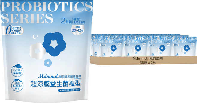 Mdmmd. 明洞國際 超涼感益生菌系列 新涼感抑菌褲型衛生棉, 36個, 2片, 30~42吋