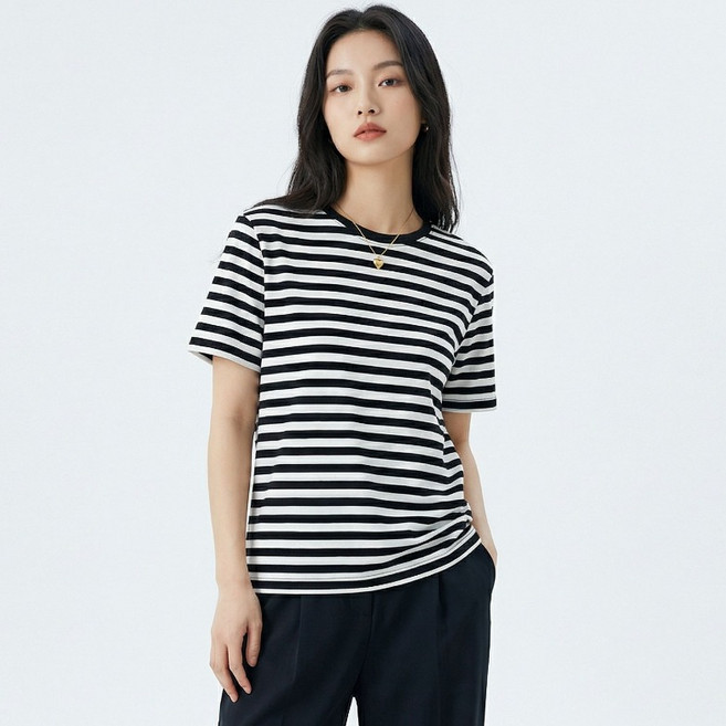 구디프 여성용 여름 스트라이프 라운드넥 반팔 티셔츠