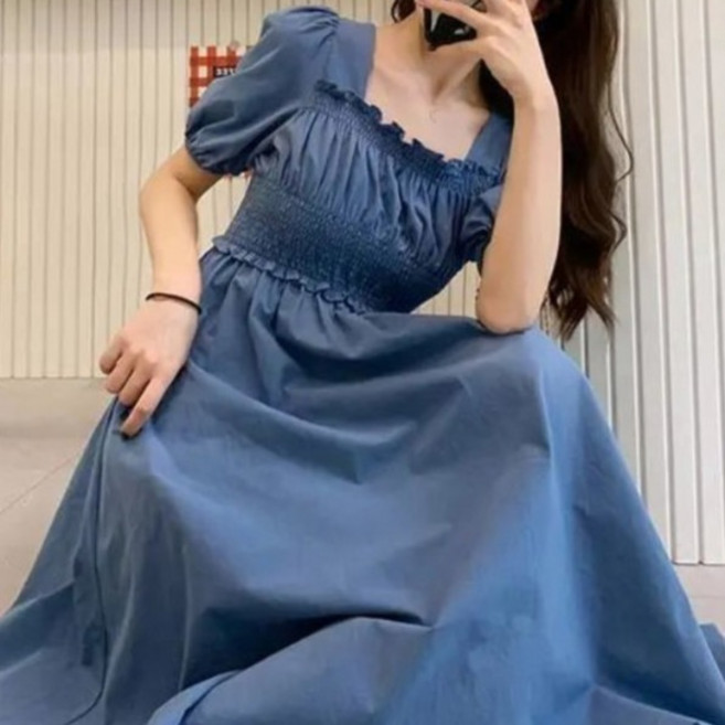 라라티나 여성용 스리온 스모크 퍼프 반팔 롱 원피스