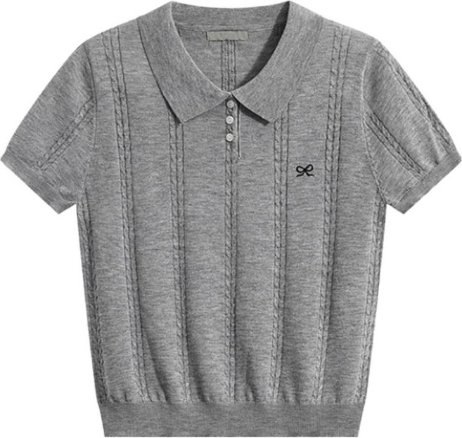 아이엠몽 여성용 베이직핏 카라넥 꽈배기 반팔 니트 티셔츠 R6H108