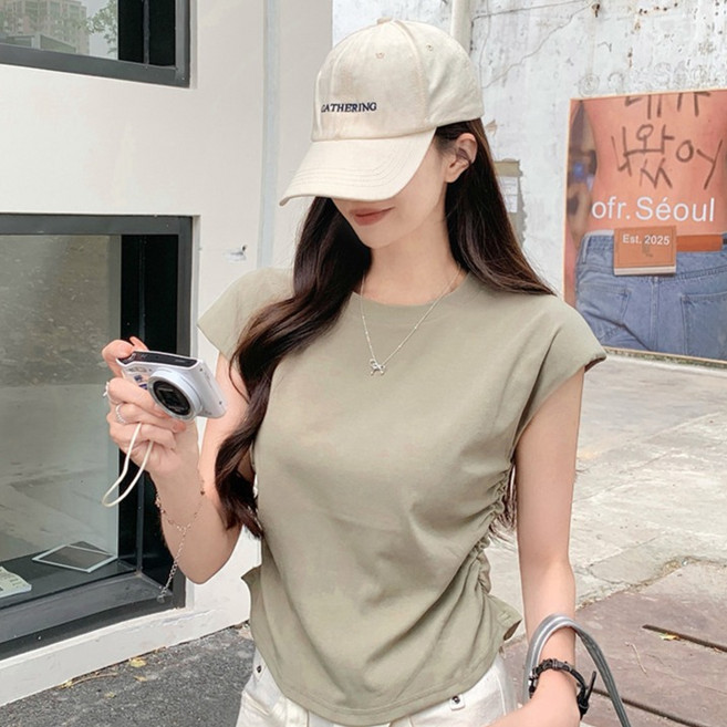 어썸풀 여성용 레라키미 캡소매 셔링 슬림 티셔츠 A26SMT031014