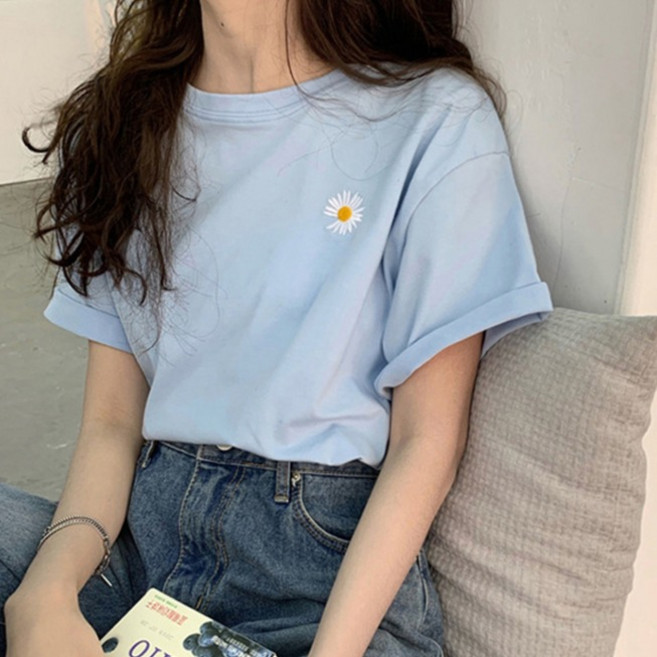 파라다이소 여성용 데이지 자수 포인트 파스텔 반팔 티셔츠