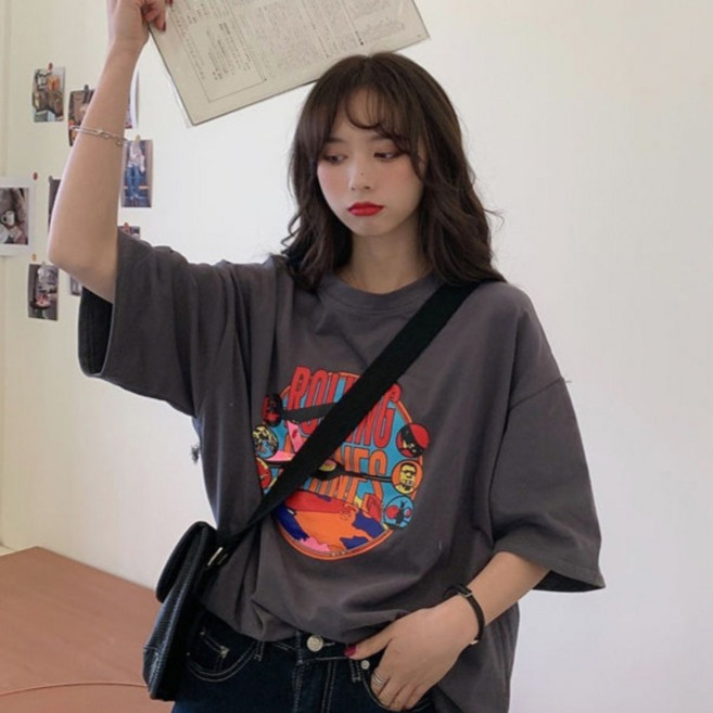 파라다이소 여성용 레트로 그래픽 프린트 캐주얼 반팔 티셔츠