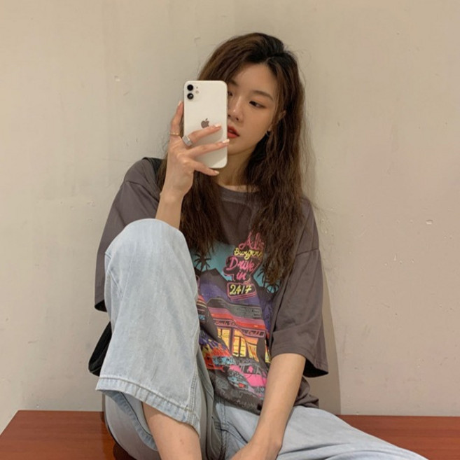 파라다이소 여성용 빈티지 감성 그래픽 스트릿 반팔 티셔츠