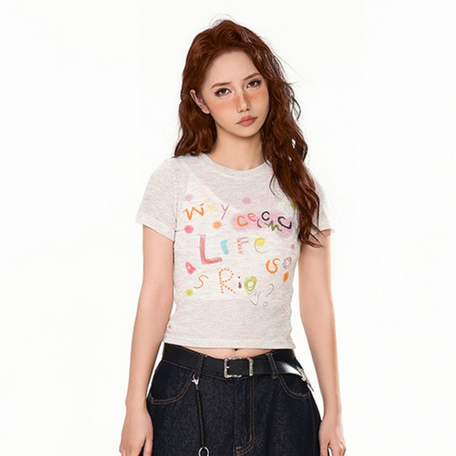루나걸 여성용 비니테베 레터링 그래픽 슬림 반팔 티셔츠 L26SMT031244