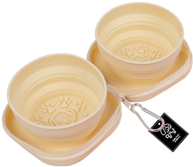 멍냥 반려동물 휴대용 마카롱 접이식 2구 식기, 베이지, 1개