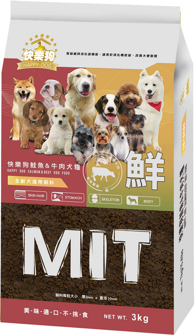 HAPPY-DOG 快樂狗 全齡犬 鮭魚&牛肉犬糧狗飼料, 3kg, 1個, 牛肉+鮭魚