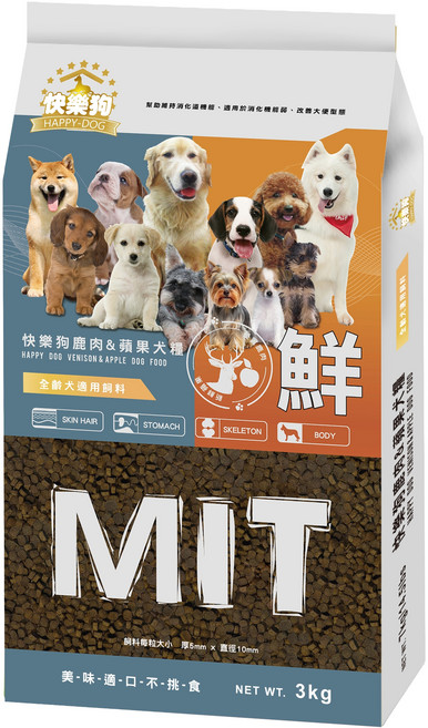 HAPPY-DOG 快樂狗 全齡犬 鹿肉&蘋果犬糧狗飼料, 3kg, 1個, 鹿肉