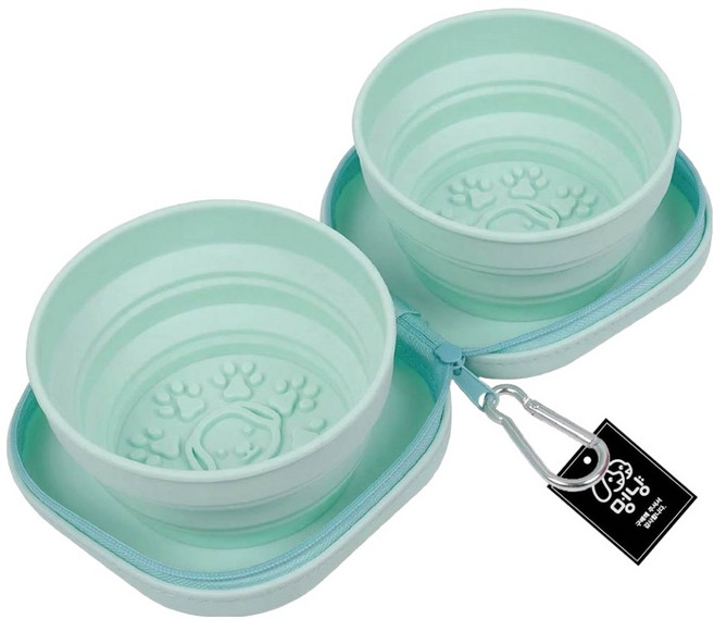 멍냥 반려동물 휴대용 마카롱 접이식 2구 식기, 민트, 1개
