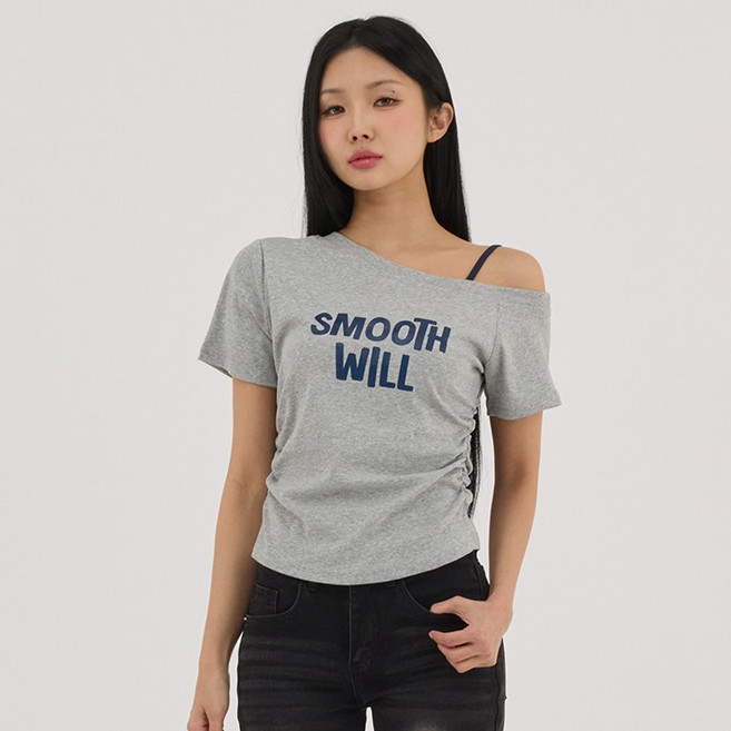 엘쏘 여성용 레터링 오프숄더 끈 옆셔링 슬림핏 반팔 티셔츠