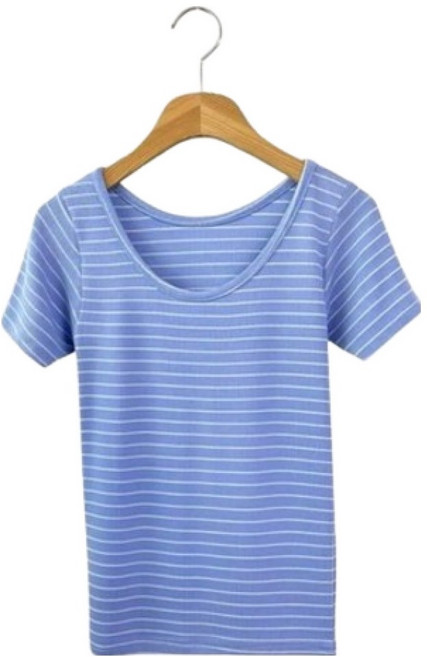 시크블랙 여성용 배페르 스트라이프 세미 크롭 U넥 슬림 반팔티 cpt17627k63