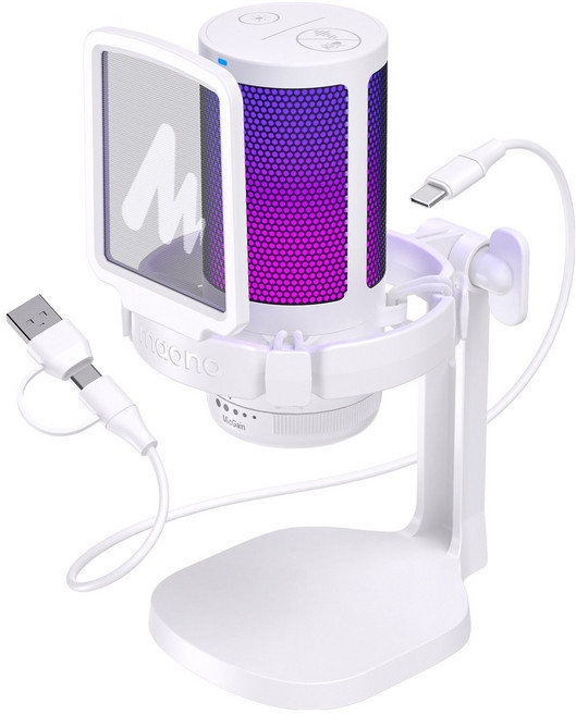 마오노 원터치 노이즈캔슬링 USB 콘덴서 방송용 녹음용 게이밍 마이크, 화이트, DGM20, 화이트