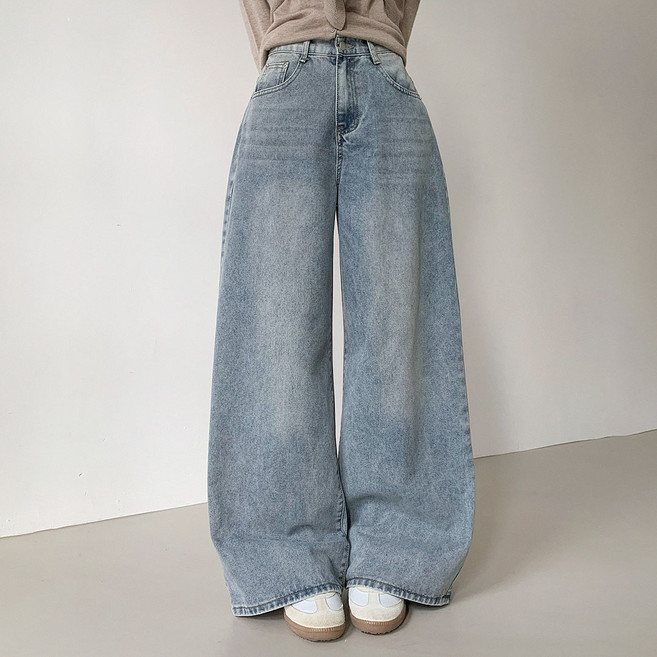 플랜데이 여성용 숏/미디움/롱 기장 우기 워싱 와이드 데님팬츠