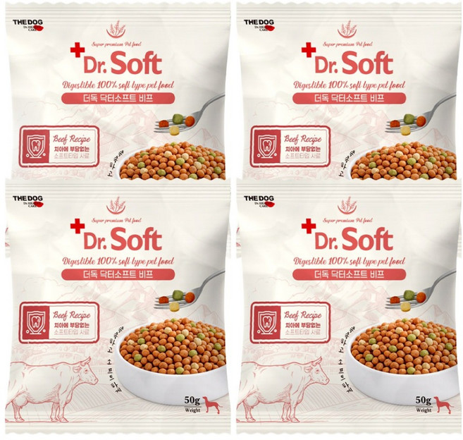 더독 노령견용 강아지 닥터 소프트 비프 사료, 50g, 4개, 소
