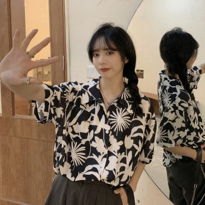 반야스토리 여성용 플라워 패턴 반팔 블라우스 QQ153