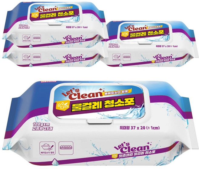 렛츠클린 고평량 물걸레 청소포 100gsm, 4개