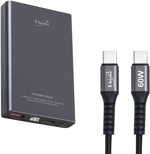 E-books B131 固態防爆不燃燒數顯行動電源 10000mAh Type-C 附快充傳輸線, 黑色, E-PCB306