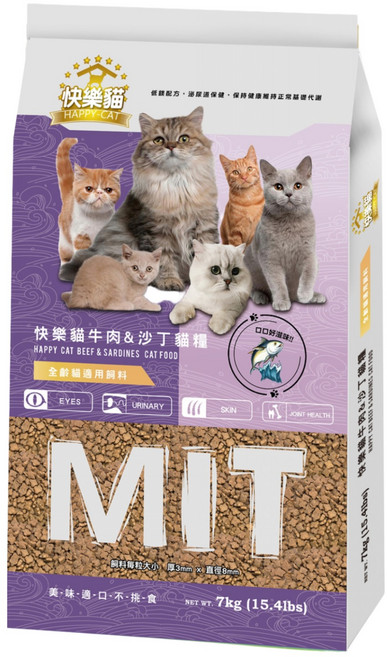 HAPPY-CAT 快樂貓 全齡貓用高嗜口貓乾飼料, 7kg, 1個, 牛肉 + 沙丁