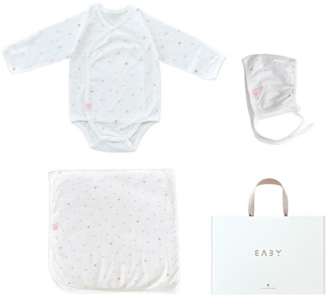 베이비앤아이 신생아용 하트 메쉬 배냇슈트 + 속싸개 + 모자 선물세트 + 쇼핑백