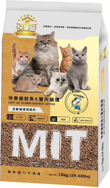 HAPPY-CAT 快樂貓 全齡貓用高嗜口貓乾飼料, 18kg, 1個, 鮭魚 + 蟹肉