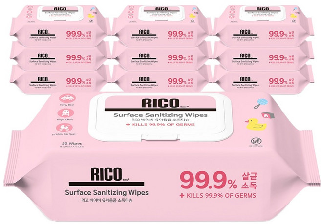 리꼬 유아 소독티슈 캡형, 10개, 50매, 55g