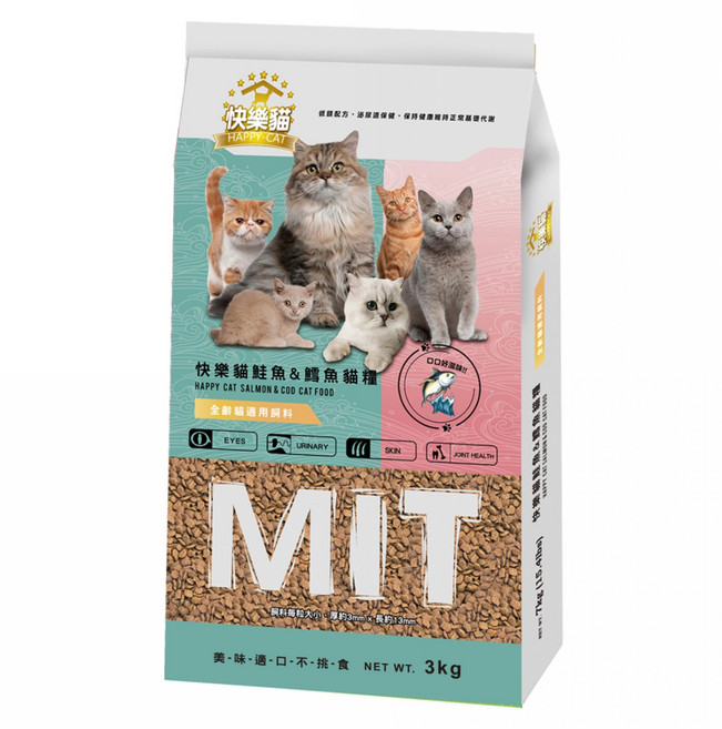 HAPPY-CAT 快樂貓 全齡貓用高嗜口貓乾飼料, 3kg, 1個, 鮭魚 + 鱈魚
