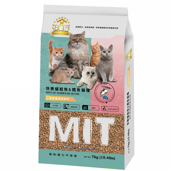 HAPPY-CAT 快樂貓 全齡貓用高嗜口貓乾飼料, 7kg, 1個, 鮭魚 + 鱈魚
