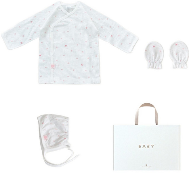 베이비앤아이 신생아용 하트 메쉬 배냇저고리 + 모자 + 손싸개 선물세트