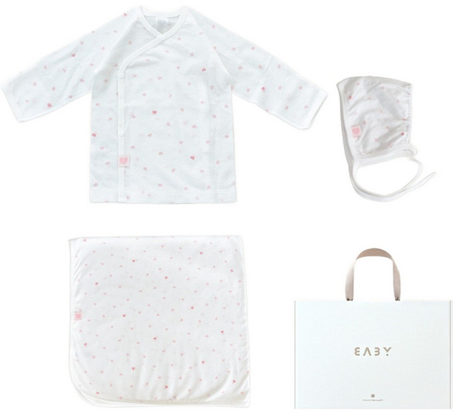 베이비앤아이 신생아용 하트 메쉬 배냇저고리 + 속싸개 + 모자 세트