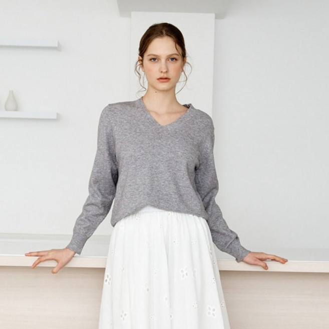 미니멈 여성용 에브리데이 V넥 베이직 심플 긴팔 니트 EC1KT007D