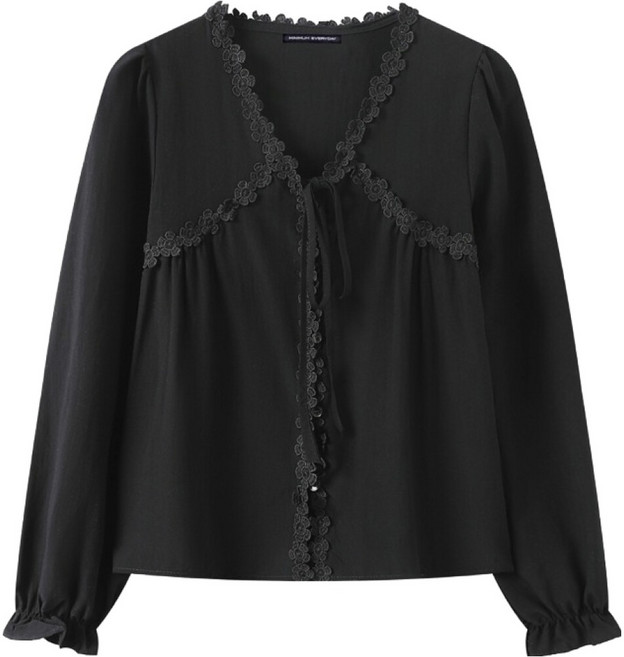 미니멈 여성용 에브리데이 프릴 V넥 리본 긴팔 블라우스 EC1BA016D