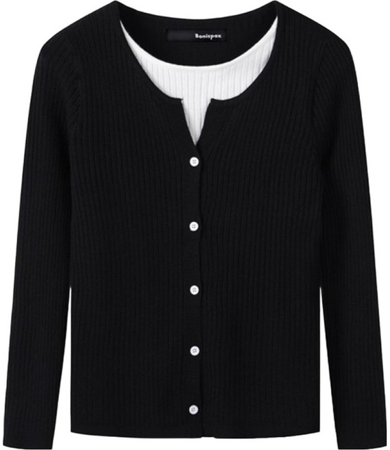 보니스팍스 여성용 데일리 카라 트임 배색 버튼 긴팔 니트 XO3KT008L0