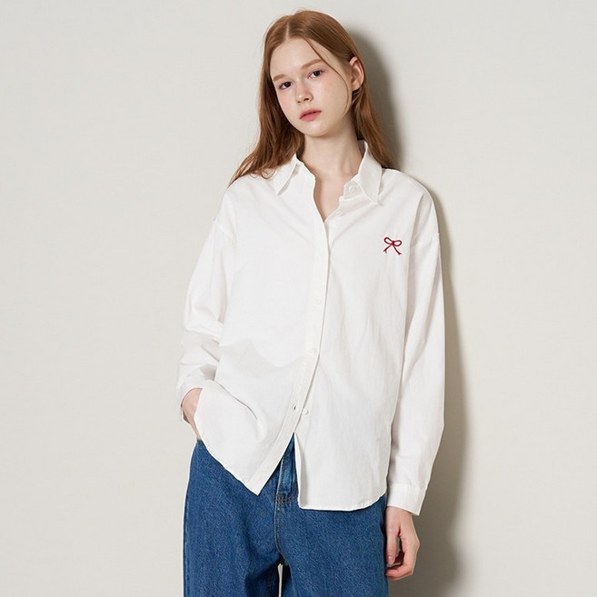 르샵 여성용 베이직 박시핏 리본 자수 긴팔 셔츠 DP3BA050A