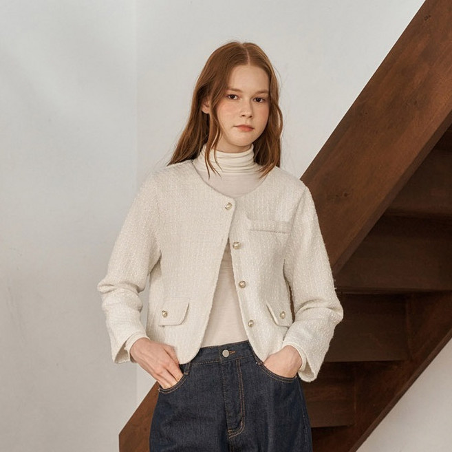 LESHOP 女款基本款金色鈕扣粗花呢外套 DP3JK012A