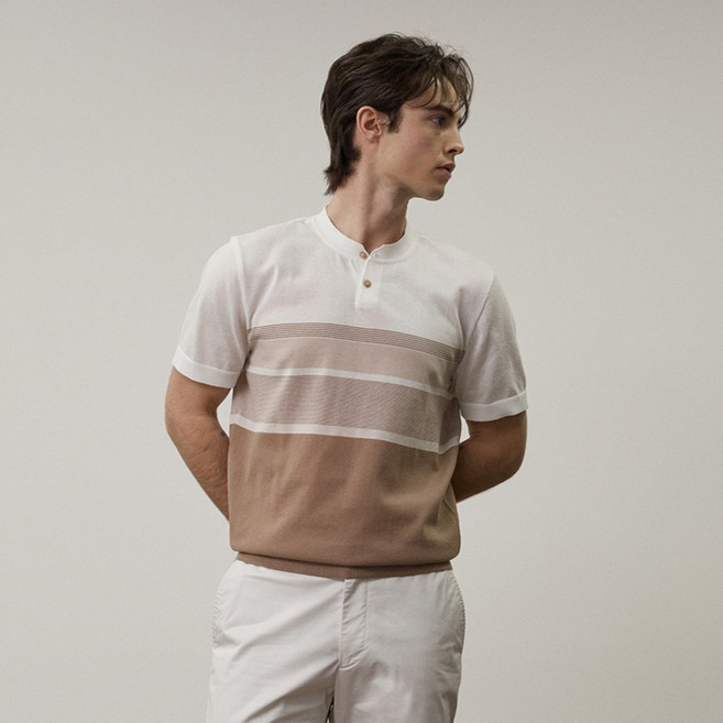 INDIAN 男士條紋亨利領短袖針織衫 MITBR6M3146