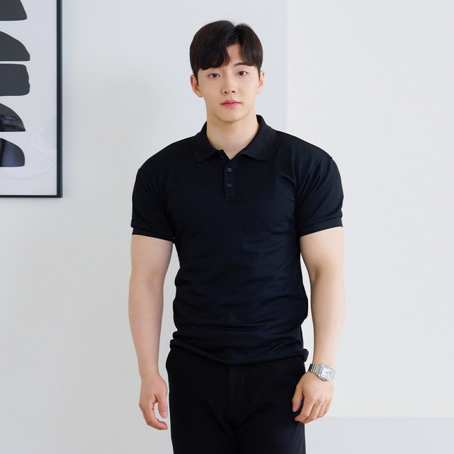 핵쿨남 남성용 어깨넓어보이는 머슬핏 반팔 카라 티셔츠