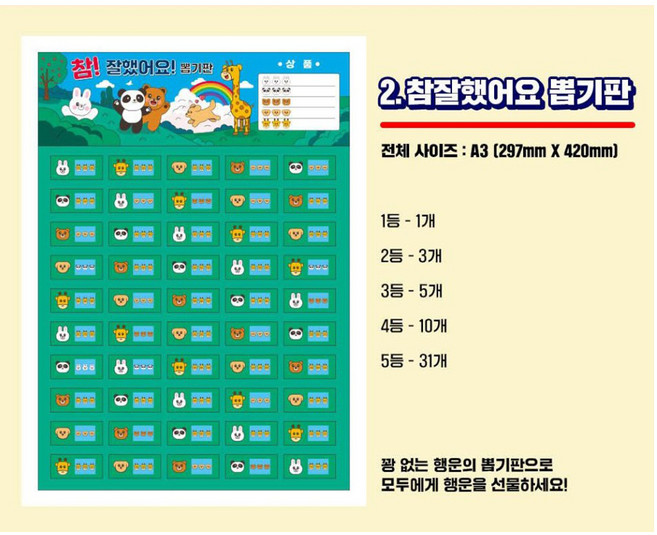 추억의 종이 뽑기판 4종 꽝없는 문방구 뽑기판 참잘했어요 뽑기판, 1개