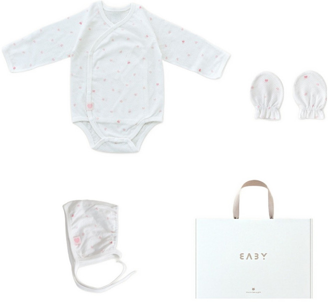 베이비앤아이 신생아용 하트 메쉬 배냇슈트 + 모자 + 손싸개 + 쇼핑백 세트
