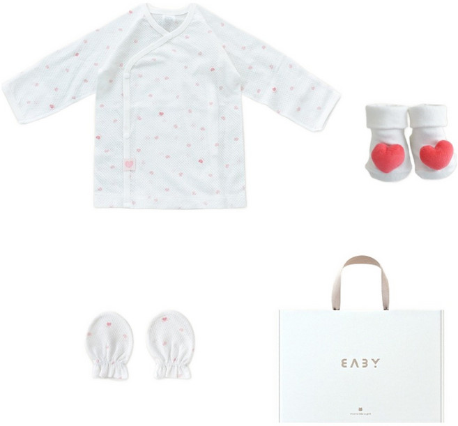 베이비앤아이 신생아용 하트 메쉬 배냇저고리 + 인형 양말 + 손싸개 + 쇼핑백 세트