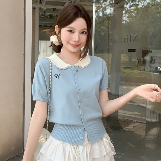 어썸풀 여성용 레키이디 리본 자수 배색 카라 반팔 가디건 A26SMC031204