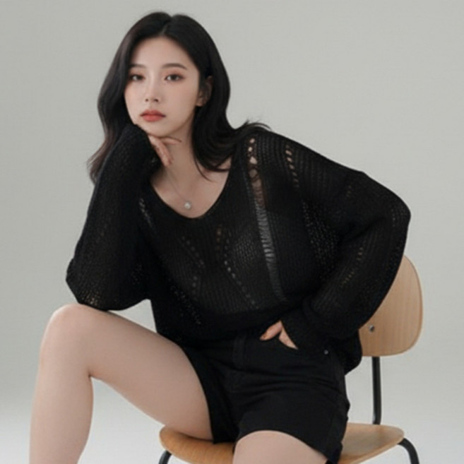 구디프 여성용 브이넥 성글짜임 루즈핏 시스루 긴팔 니트 티셔츠