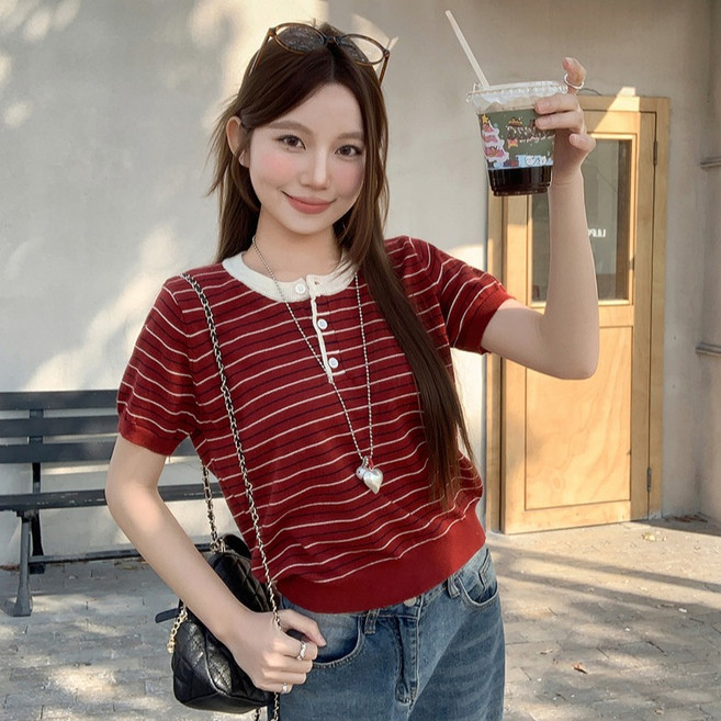 어썸풀 여성용 디라더리 배색 헨리넥 스트라이프 반팔 니트 A26SMKN031205