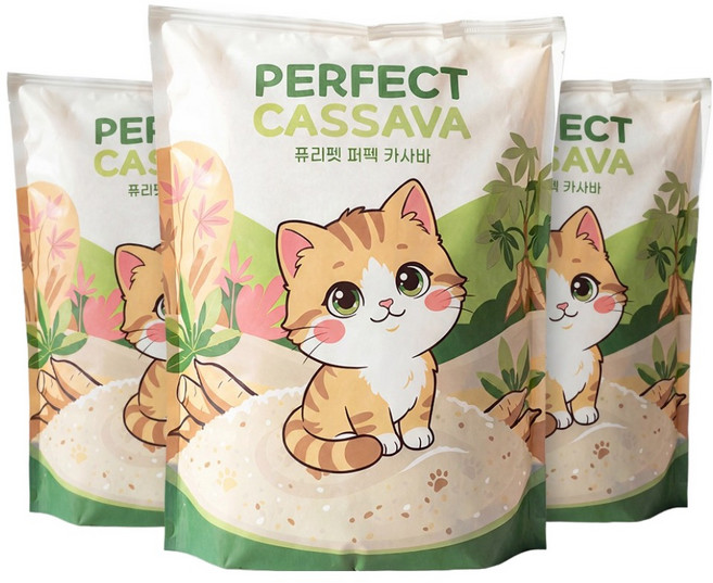 퓨리펫 퍼펙 카사바 모래, 무향, 3개, 4.3kg