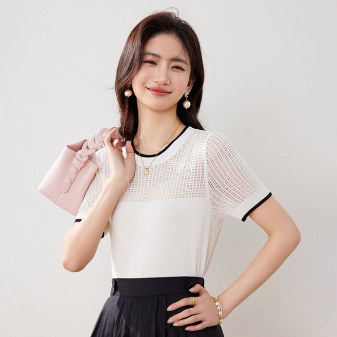 루나걸 여성용 하마리타 메쉬 배색 반팔 니트 L26SMKN031259