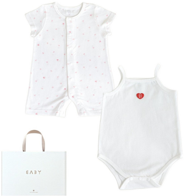 베이비앤아이 신생아용 하트 메쉬 반팔 슈트 + 나시 슈트 선물 세트 + 쇼핑백