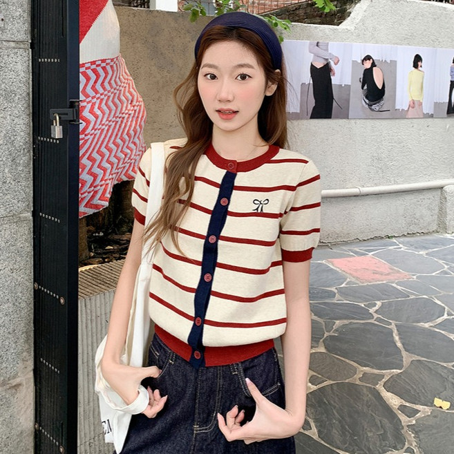 Awesomeful 女款 Kaebiri 蝴蝶結刺繡條紋短袖開襟衫 A26SMC031208